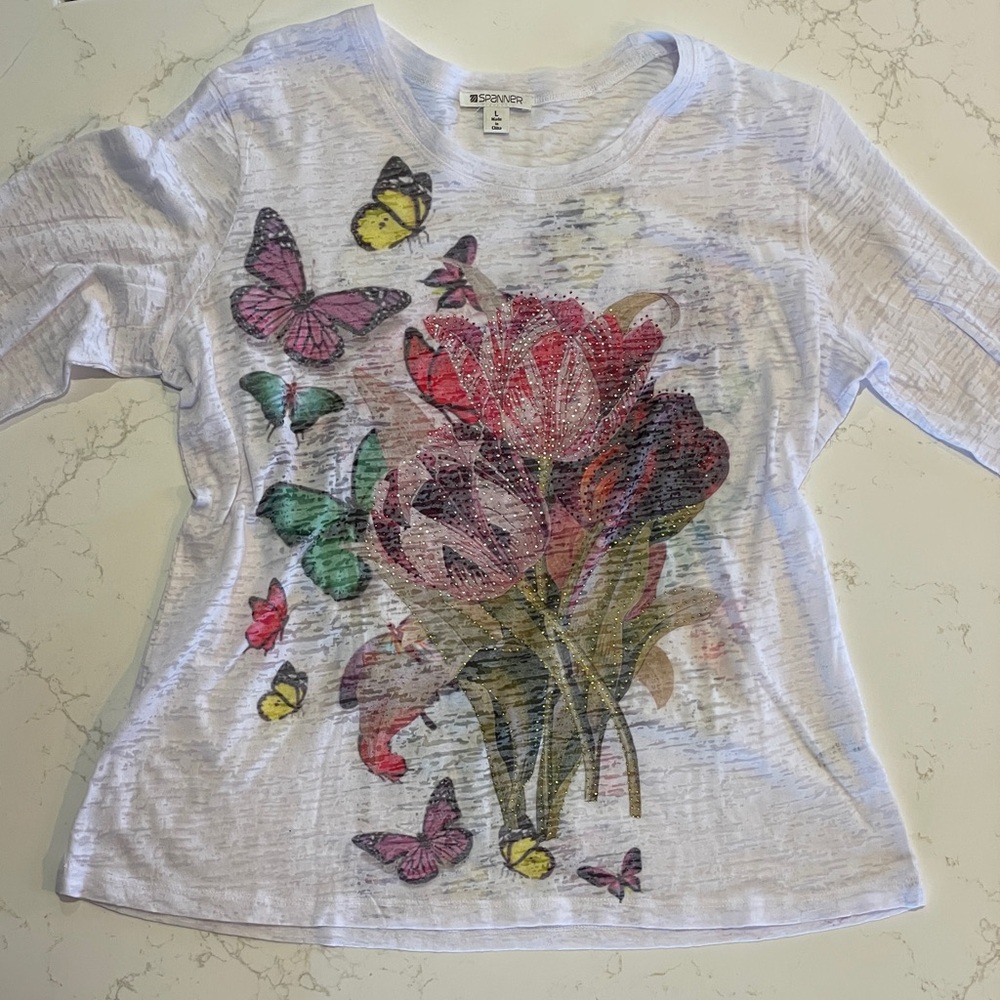 Spanner Red and White Short Sleeve Tee with Floral and Butterfly Design